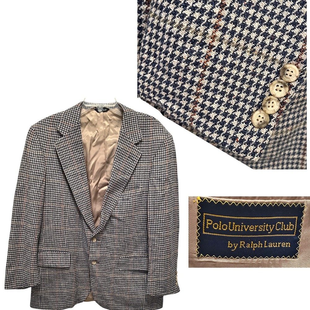 VTG‎ Polo University Club Ralph Lauren Sport Coat Wool 44R Brown Tan Houndstooth